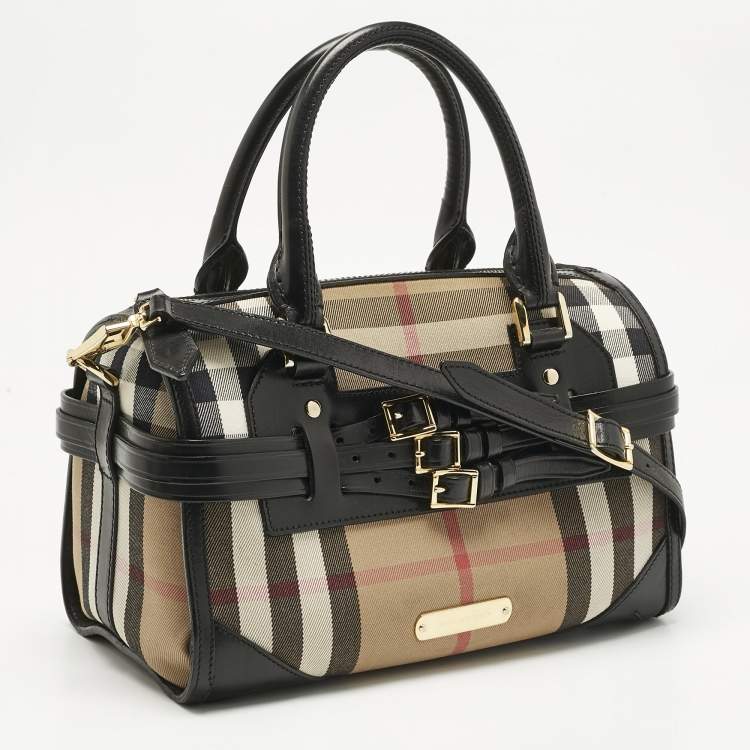 Pre Owned Burberry Black/Beige House Check Fabric and Leather Bridle Chester Bowling Bag