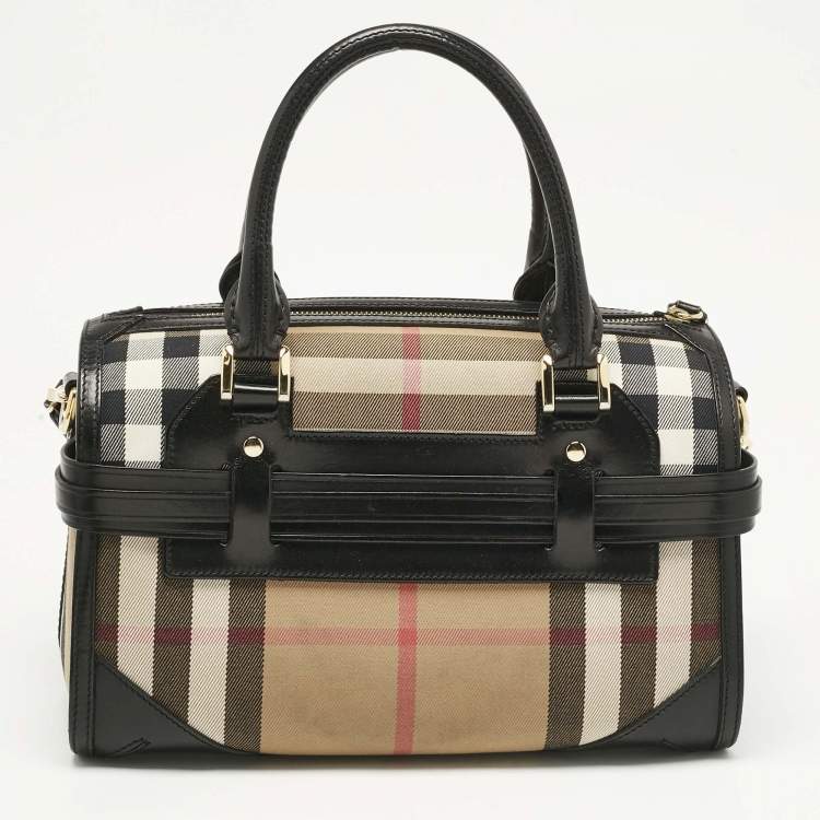 Pre Owned Burberry Black/Beige House Check Fabric and Leather Bridle Chester Bowling Bag