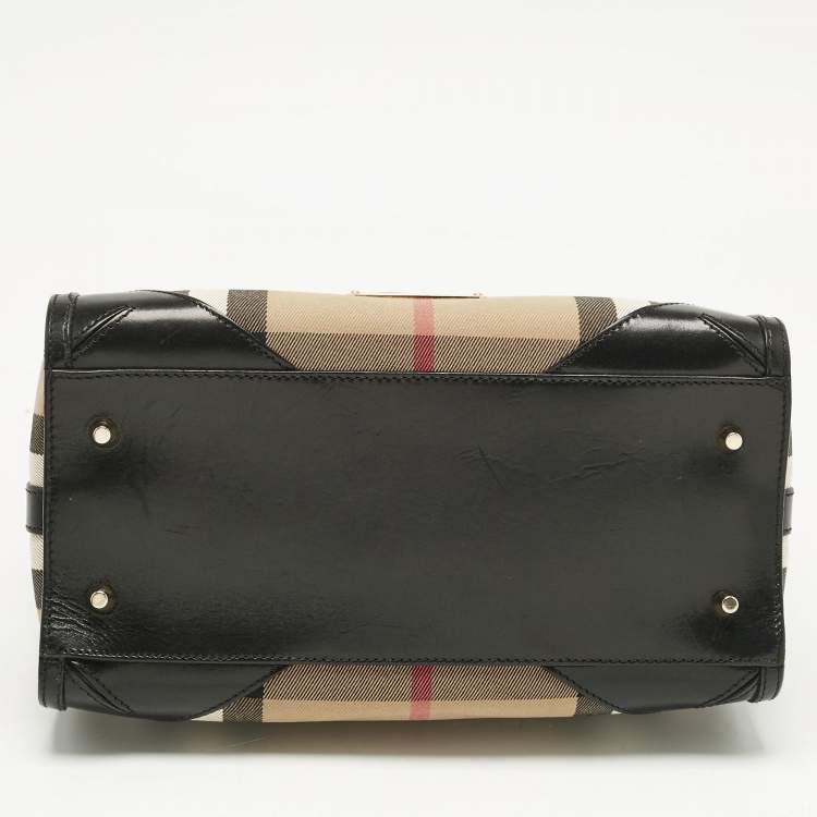 Pre Owned Burberry Black/Beige House Check Fabric and Leather Bridle Chester Bowling Bag