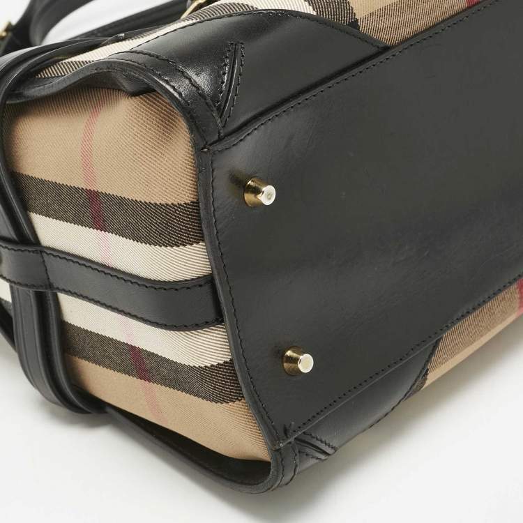 Pre Owned Burberry Black/Beige House Check Fabric and Leather Bridle Chester Bowling Bag