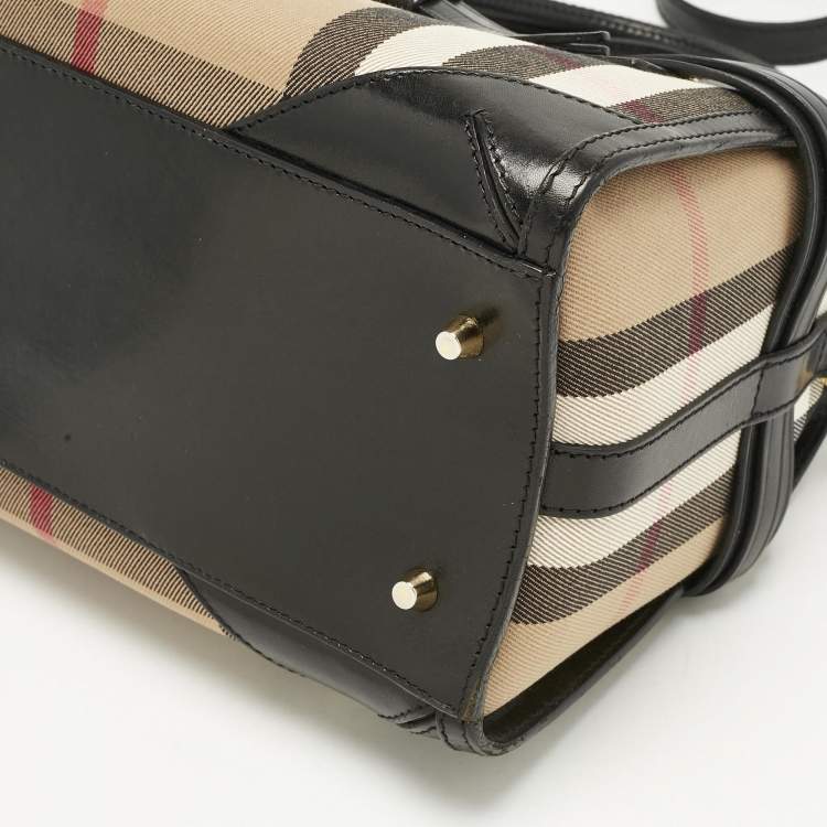 Pre Owned Burberry Black/Beige House Check Fabric and Leather Bridle Chester Bowling Bag