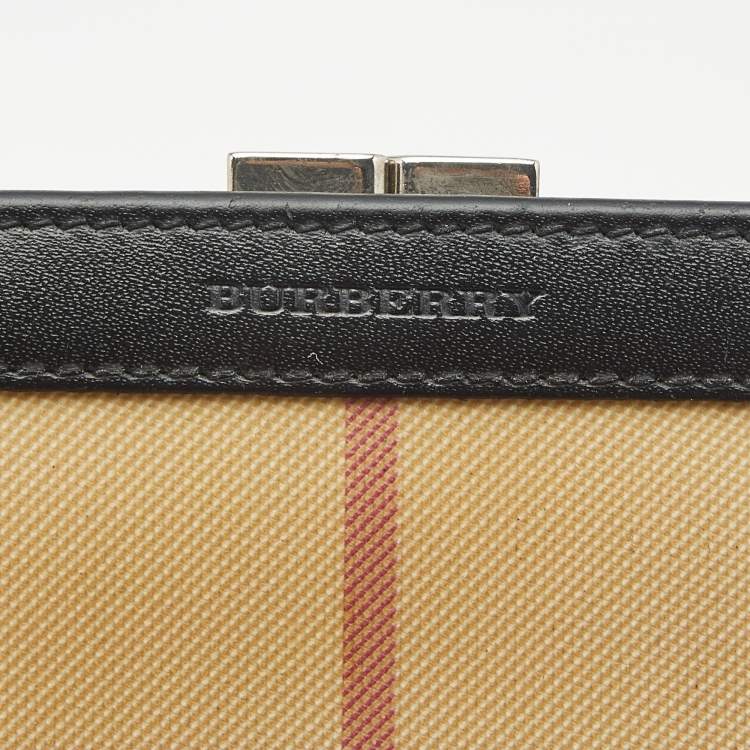 Pre Owned Burberry Beige/Black Housecheck Coated Canvas and Leather Kiss Lock Compact Wallet
