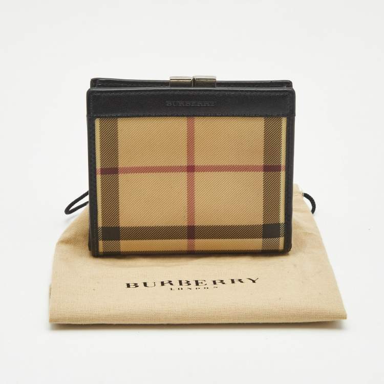 Pre Owned Burberry Beige/Black Housecheck Coated Canvas and Leather Kiss Lock Compact Wallet