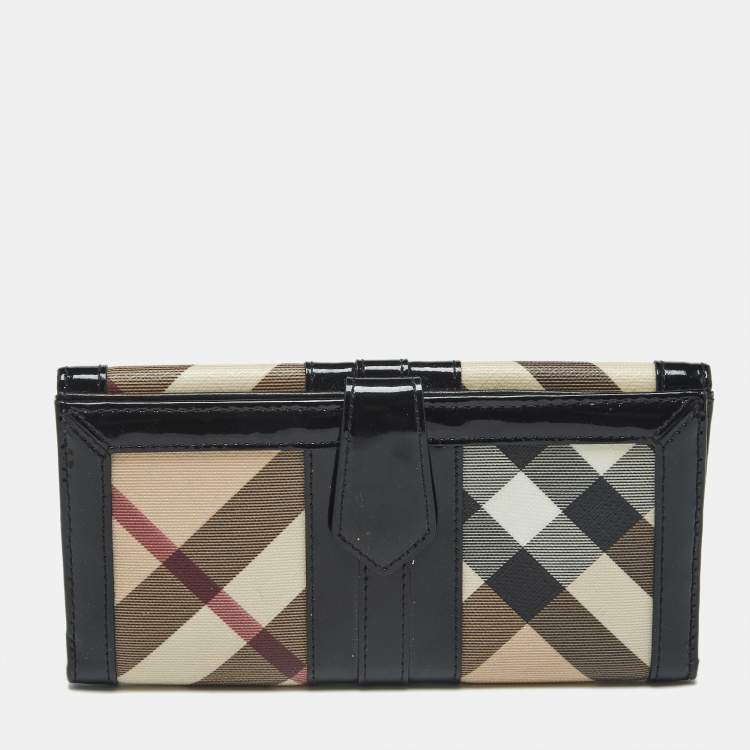 Pre Owned Burberry Black/Beige Nova Coated Canvas and Patent Leather Flap Continental Wallet