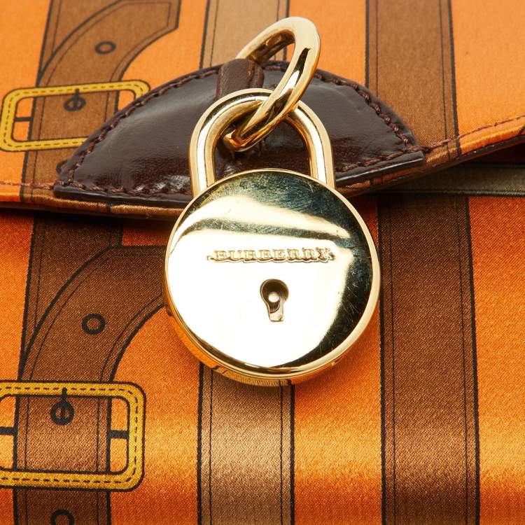 Pre Owned Burberry Orange/Brown Printed Satin and Leather Flap Clutch  