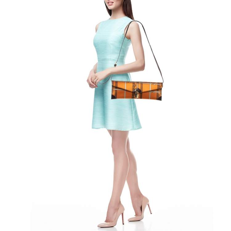 Pre Owned Burberry Orange/Brown Printed Satin and Leather Flap Clutch  