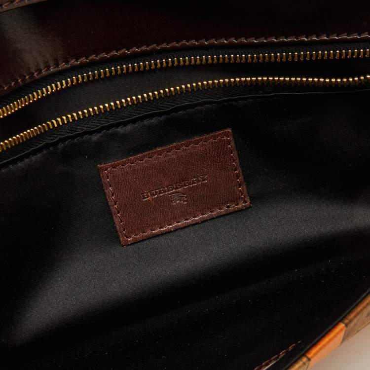 Pre Owned Burberry Orange/Brown Printed Satin and Leather Flap Clutch  