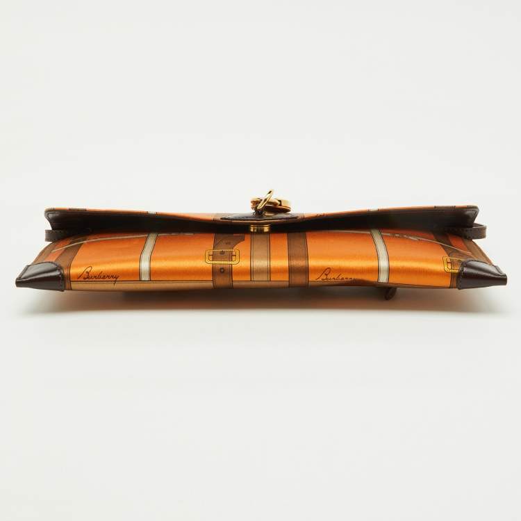 Pre Owned Burberry Orange/Brown Printed Satin and Leather Flap Clutch  