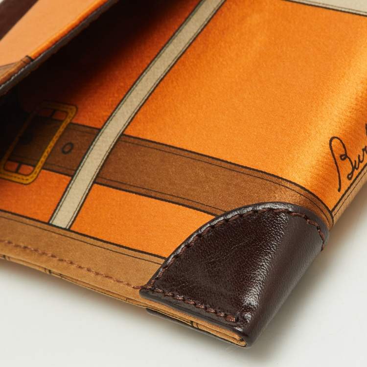 Pre Owned Burberry Orange/Brown Printed Satin and Leather Flap Clutch  