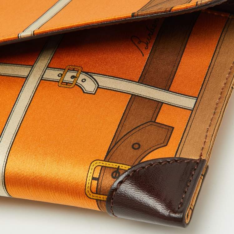 Pre Owned Burberry Orange/Brown Printed Satin and Leather Flap Clutch  