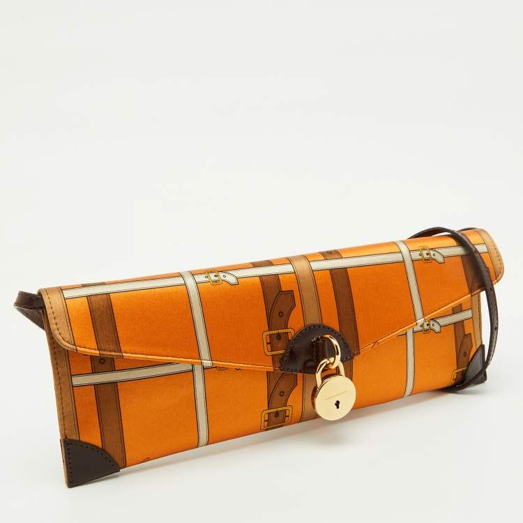 Pre Owned Burberry Orange/Brown Printed Satin and Leather Flap Clutch  