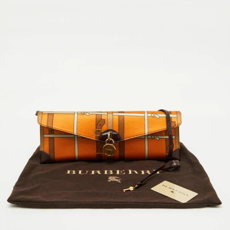 Pre Owned Burberry Orange/Brown Printed Satin and Leather Flap Clutch  