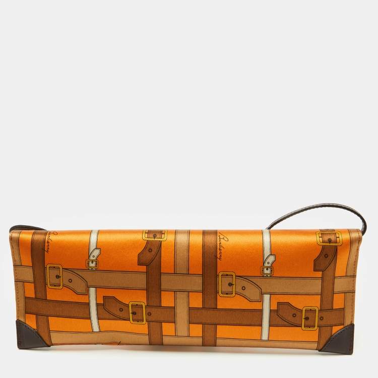Pre Owned Burberry Orange/Brown Printed Satin and Leather Flap Clutch  
