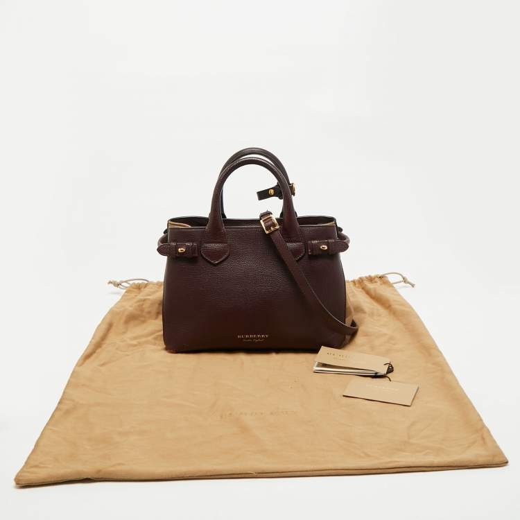 Pre Owned Burberry Burgundy/Beige Leather and House Check Canvas Small Banner Tote