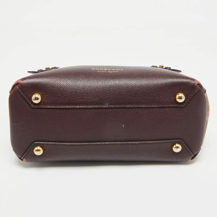 Pre Owned Burberry Burgundy/Beige Leather and House Check Canvas Small Banner Tote