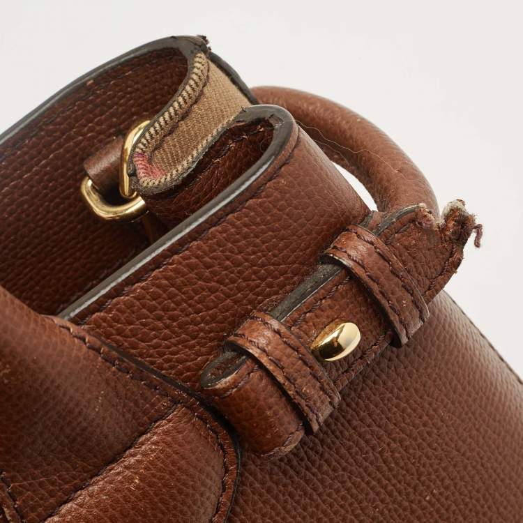 Pre Owned Burberry Brown/Beige House Check Fabric and Leather Small Banner Tote