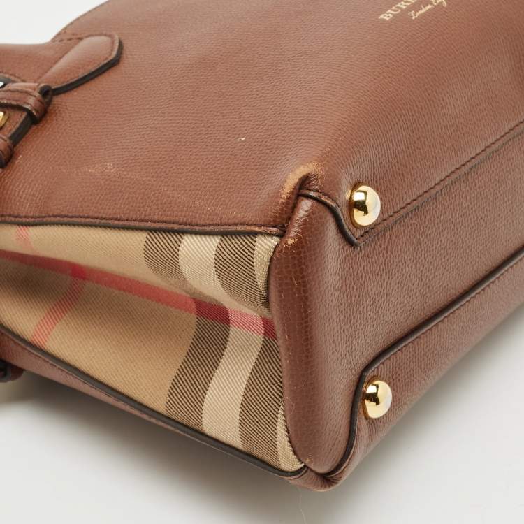 Pre Owned Burberry Brown/Beige House Check Fabric and Leather Small Banner Tote