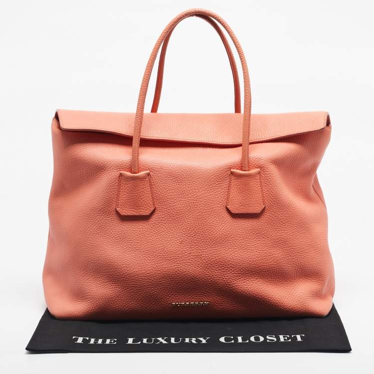 Pre Owned Burberry Peach Grained Leather Baynard Tote