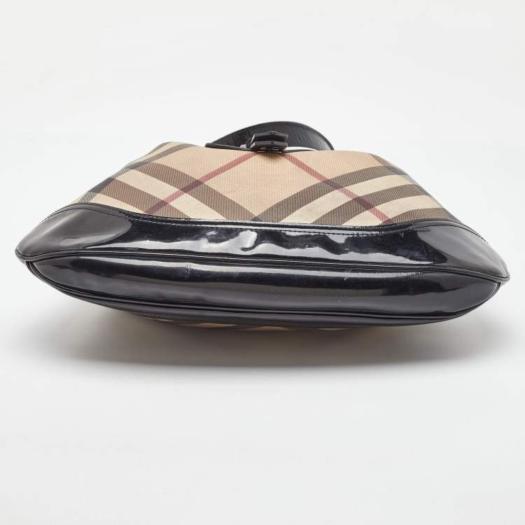 Pre Owned Burberry Beige/Black Nova Check Coated Canvas and Patent Leather Brooke Hobo