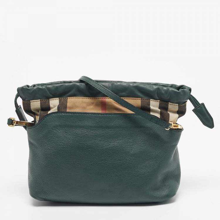 Pre Owned Burberry Green/Beige Leather and House Check Fabric Little Crush Crossbody Bag