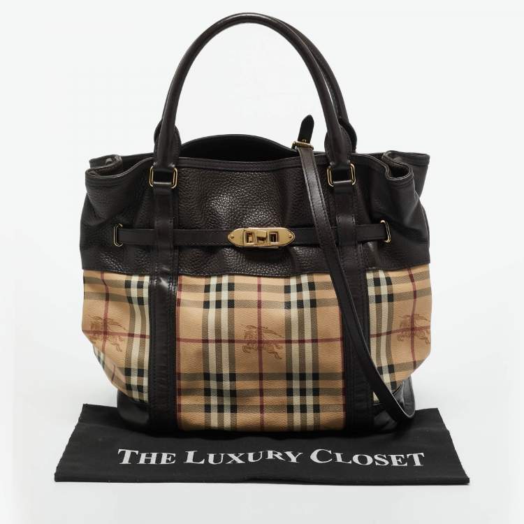 Pre Owned Burberry Choco Brown/Beige Haymarket Check Coated Canvas Medium Golderton Tote