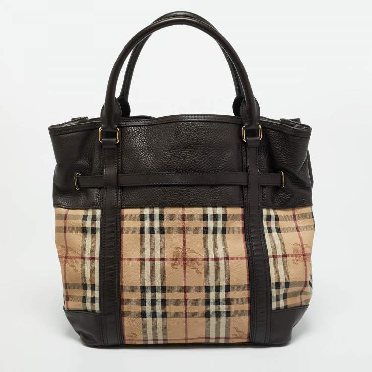 Pre Owned Burberry Choco Brown/Beige Haymarket Check Coated Canvas Medium Golderton Tote