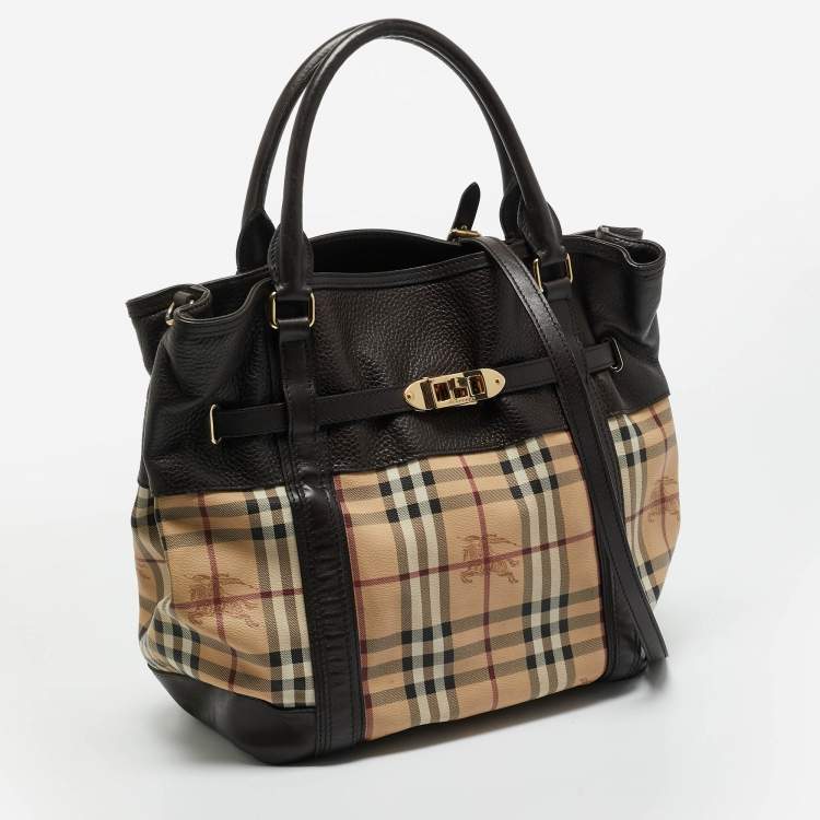 Pre Owned Burberry Choco Brown/Beige Haymarket Check Coated Canvas Medium Golderton Tote