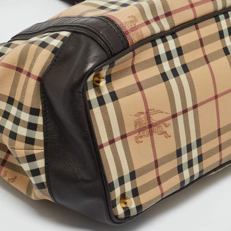 Pre Owned Burberry Choco Brown/Beige Haymarket Check Coated Canvas Medium Golderton Tote
