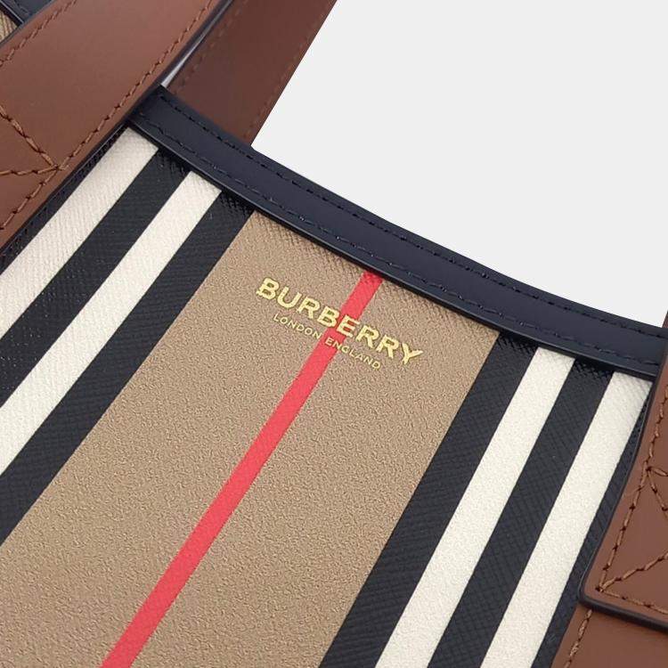 Pre Owned Burberry Beige Canvas Icon Stripe Tote Bag
