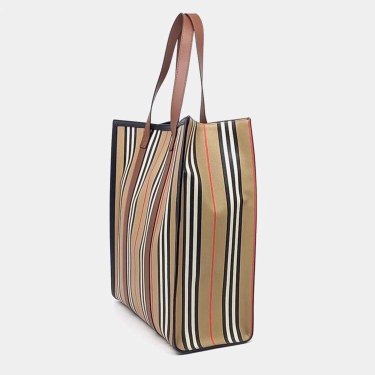 Pre Owned Burberry Beige Canvas Icon Stripe Tote Bag