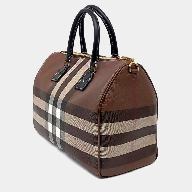 Pre Owned Burberry Brown Leather Check Bowling Bag