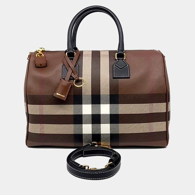 Pre Owned Burberry Brown Leather Check Bowling Bag