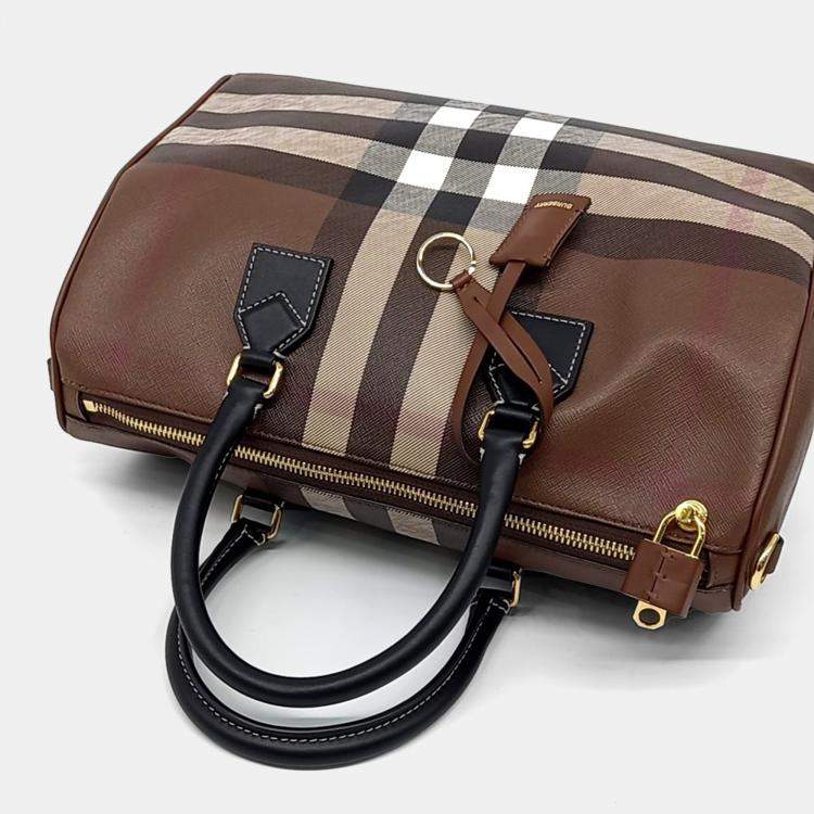 Pre Owned Burberry Brown Leather Check Bowling Bag