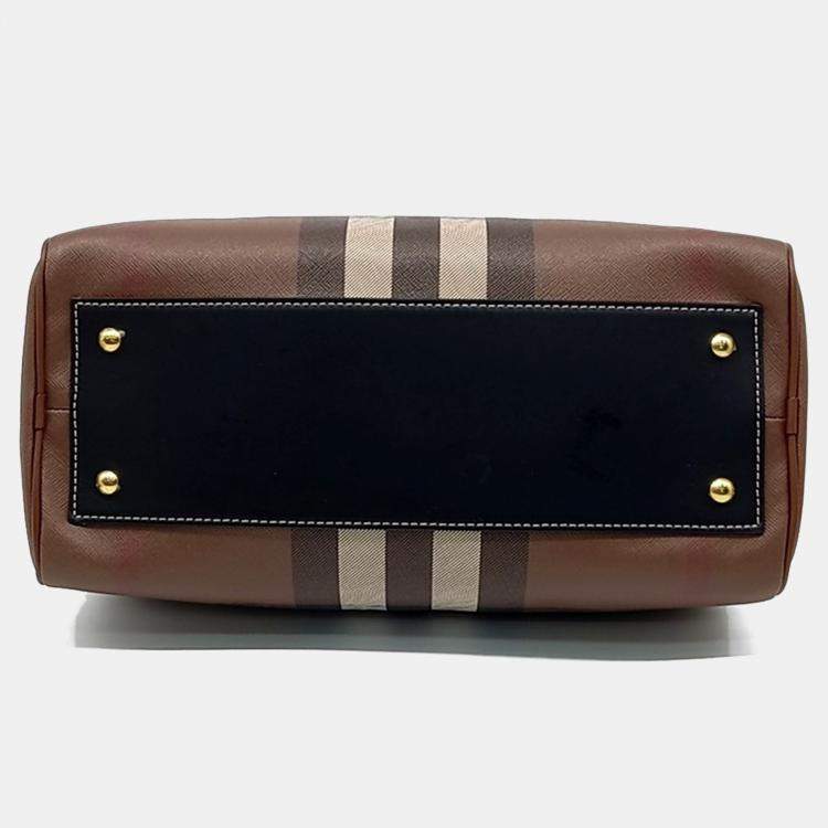 Pre Owned Burberry Brown Leather Check Bowling Bag