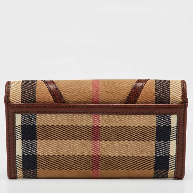 Pre Owned Burberry Brown/Beige Fabric and Leather Leighton Continental Wallet           