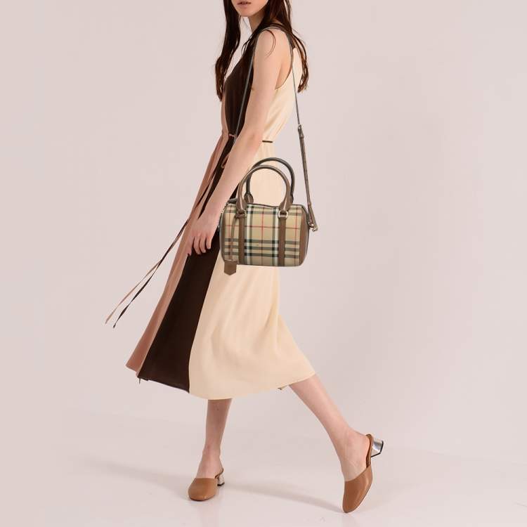 Pre Owned Burberry Beige/Brown Haymarket Fabric and Leather Mini Bowler Bag