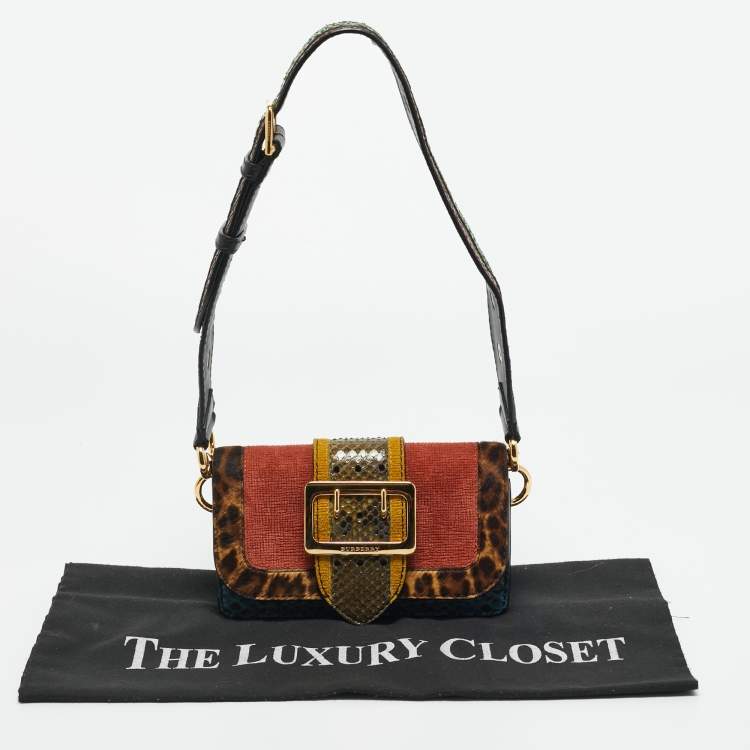 Pre Owned Burberry Multicolor Leopard Pint Calfhair, Suede and Python Buckle Crossbody Bag