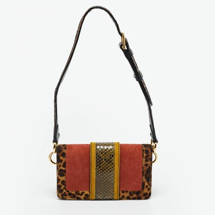 Pre Owned Burberry Multicolor Leopard Pint Calfhair, Suede and Python Buckle Crossbody Bag