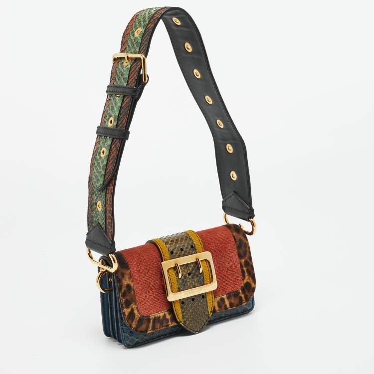 Pre Owned Burberry Multicolor Leopard Pint Calfhair, Suede and Python Buckle Crossbody Bag