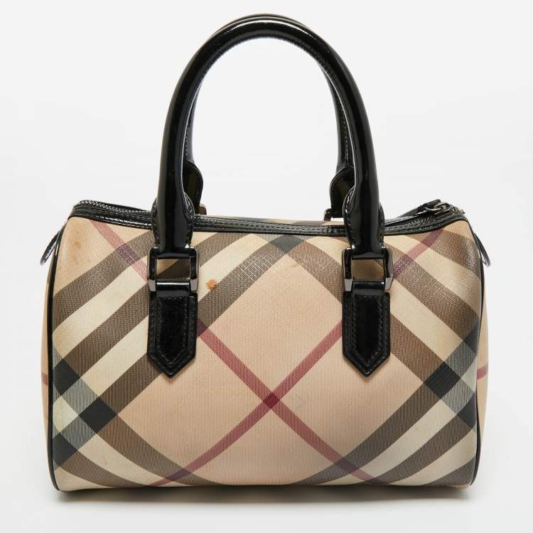 Pre Owned Burberry Black/Beige Nova Check PVC and Leather Chester Boston Bag