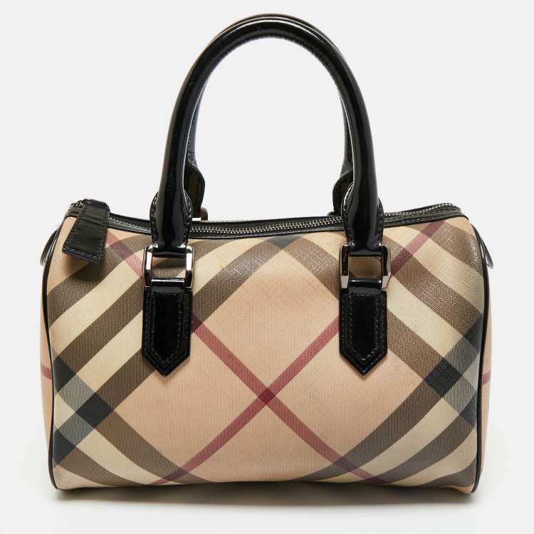 Pre Owned Burberry Black/Beige Nova Check PVC and Leather Chester Boston Bag