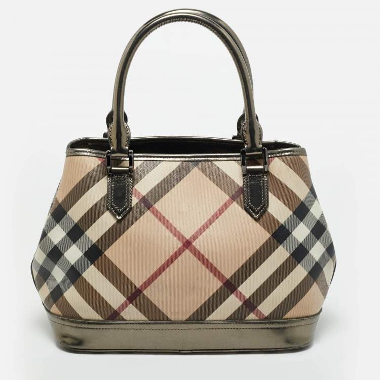Pre Owned Burberry Beige/Metallic Nova Check PVC and Patent Leather Eden Tote