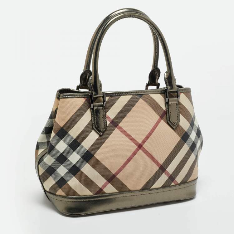Pre Owned Burberry Beige/Metallic Nova Check PVC and Patent Leather Eden Tote