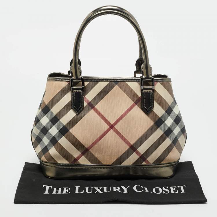 Pre Owned Burberry Beige/Metallic Nova Check PVC and Patent Leather Eden Tote