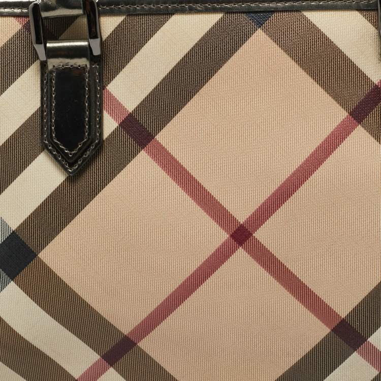 Pre Owned Burberry Beige/Metallic Nova Check PVC and Patent Leather Eden Tote
