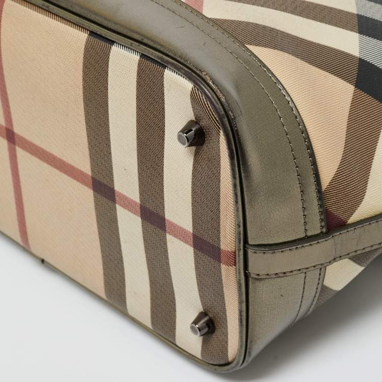 Pre Owned Burberry Beige/Metallic Nova Check PVC and Patent Leather Eden Tote