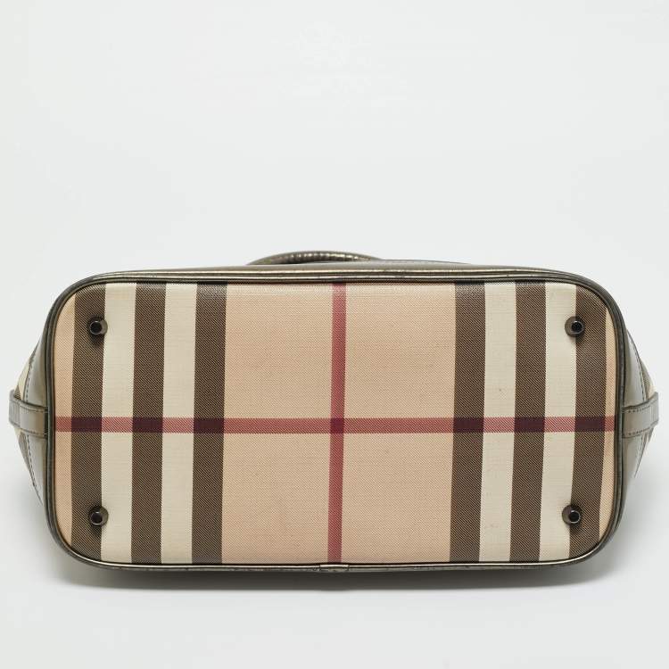 Pre Owned Burberry Beige/Metallic Nova Check PVC and Patent Leather Eden Tote