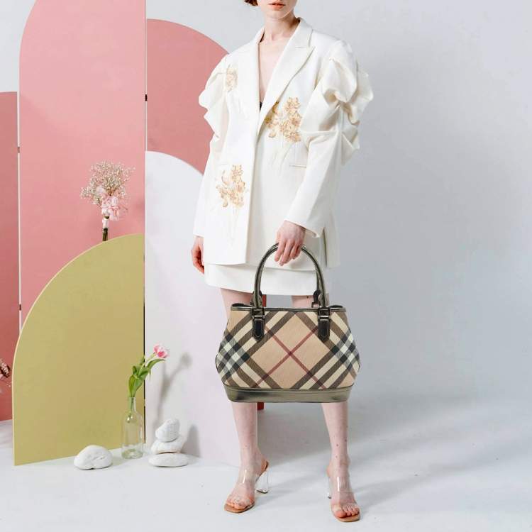 Pre Owned Burberry Beige/Metallic Nova Check PVC and Patent Leather Eden Tote