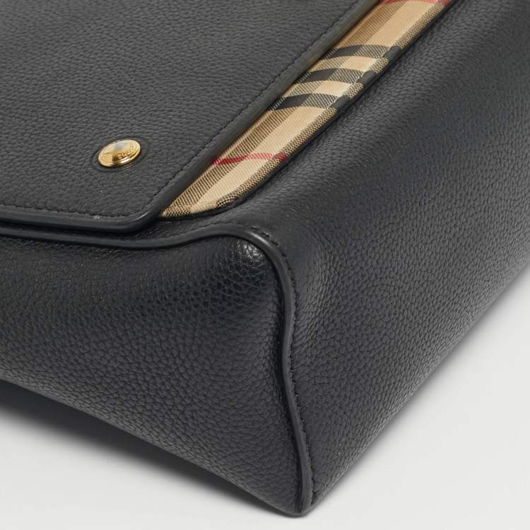Pre Owned Burberry Black/Beige  House Check Fabric and Leather Note Shoulder Bag