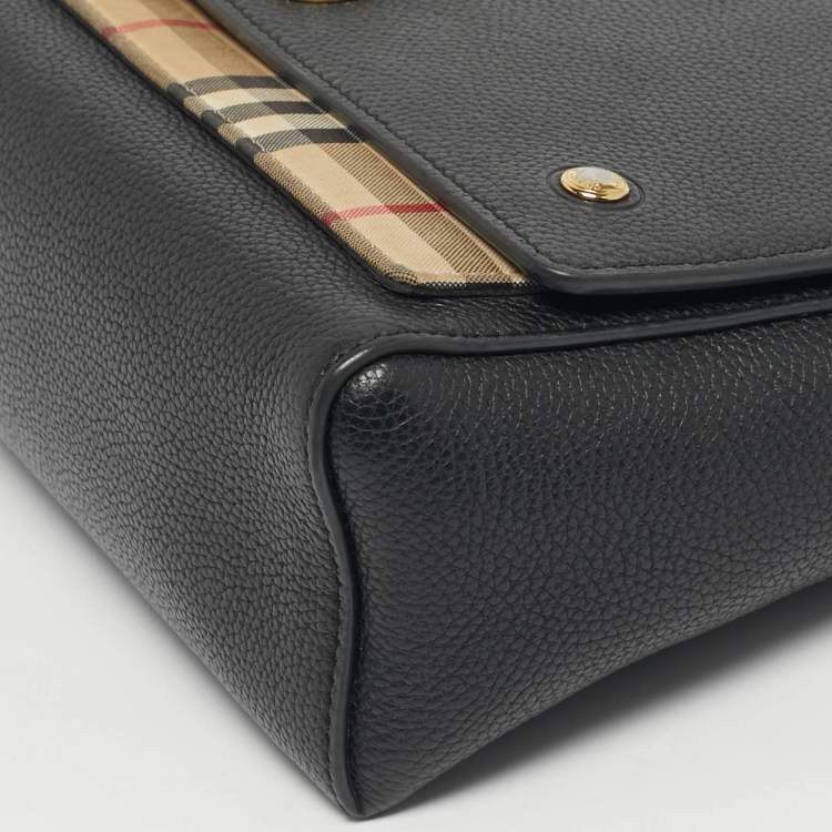 Pre Owned Burberry Black/Beige  House Check Fabric and Leather Note Shoulder Bag